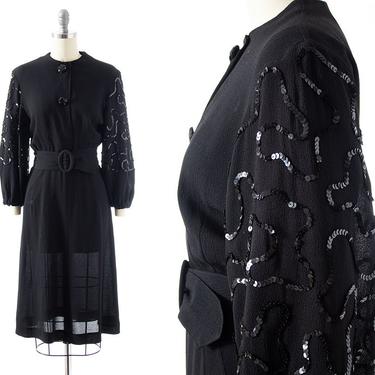 Vintage 1930s Dress | 30s Sequin Soutache Balloon Sleeve Black Rayon Shirtwaist Sheath Evening Dress (x-small/small) 
