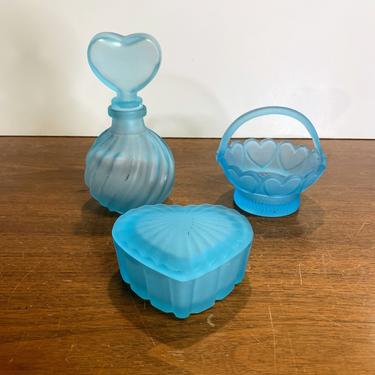 Vintage Frosted Blue Satin Glass Vanity Set Bottle Basket Trinket Box 