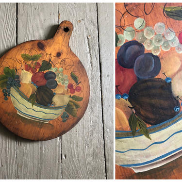 gorgeous OOAK hand painted bread board, vintage tole painting, fruit bowl painting on wooden board, beautiful colors &amp; patina, artist signed 