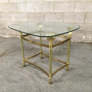 Vintage Gold Metal End Table Retro 1970's Glass Top with Brass Metal Frame Seashells Rectangular Coffee Table 