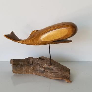 1980s Vintage Hand-Carved Wood Whale Sculpture. 