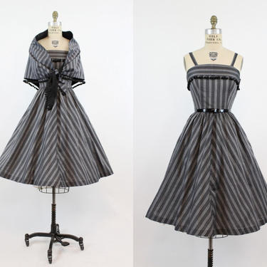 1950s striped sun dress with scarf xs | vintage cotton full skirt | new in 