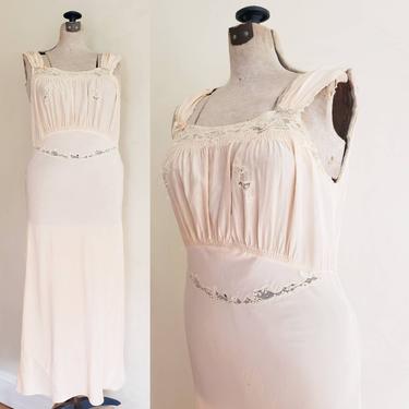 1930s Peach Bias Cut Nightgown Negligee Cream Lace Embroidery / 30s Slip Dress Pink Rose Gold Rayon Crepe Boudoir Bur Mil / AS IS / Odeline 