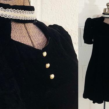 Vintage Black Velvet Dress Lolita Skater Lace Pearls 1990s 90s Short Sleeve Boho Party Cocktail Goth Vamp New Year's Eve Holiday XXS XS 