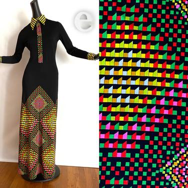 MOD Vintage Mr. Dino Maxi Dress • 60s 70s Psychedelic Neon + Black Geometric Border Print • Groovy Hippie Disco Dress • Long Sleeve • Small 