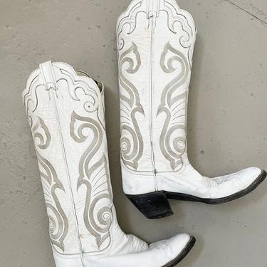 1980s Cowboy Boots White Leather 7 