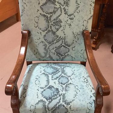 SOLD. Carved Arm/Dining Chairs w/Blue Serpentine Upholstery (pair)