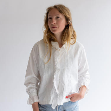 Sourced in France | Antique White Pintuck Zig Zag Shirt | Vintage Eyelet Floral Pleat Blouse Shirt | French Blouse 
