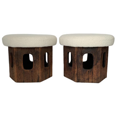 Pair Rustic Wood Footstools