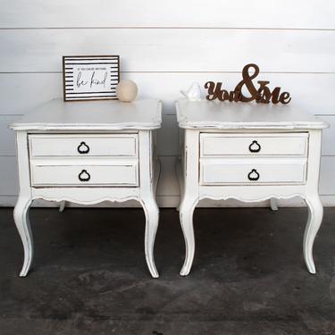 French Distressed White End Tables \/ Nightstands