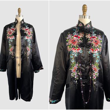 PLUM BLOSSOMS 70s Vintage Black Silk Satin Embroidered Asian Coat | 1970s Floral Embroidery Chinese Jacket | Dead Stock Chinoiserie | Medium 