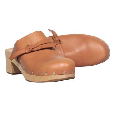 Loeffler Randal - Light Brown Smooth Leather Wooden Heel Clogs Sz 8.5