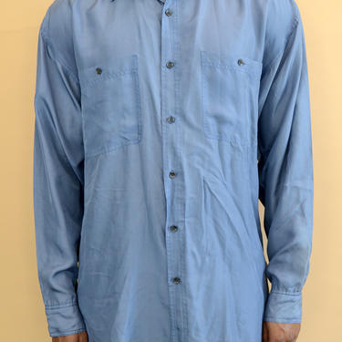 Vintage Silk Blue Long Sleeve Button Down Shirt Large Medium Unisex 