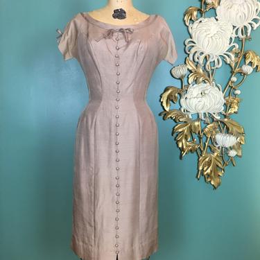 Beige silk dress, 1950s wiggle dress, natlynn original, vintage dress, small, hourglass dress, mrs maisel style, pencil skirt, rockabilly 