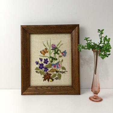 Crewel embroidery garden with butterfly - 1970s vintage framed stitchery 