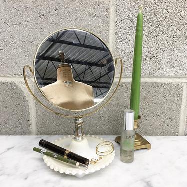 Vintage Vanity Mirror Retro 1950s Milk Glass + Hobnail Beaded Base + Double Sided + Magnify + Makeup or Shaving Mirror +  Home Decor 