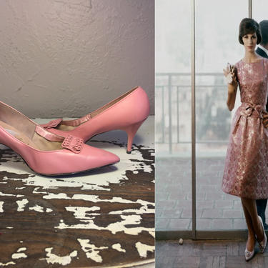 Pose Atop the Clouds - Vintage 1950s 1960s Bubblegum Pink Leather Pumps Heels w/Pink Metal Buckles - 7.5/8 