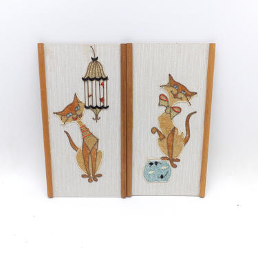 Pair of Mid Century Modern Cats 1960's Mosaic Beading Artwork Original Burlap Jewel Art Cat Cage &amp; Fish Bowl Wall Hangings Minimalist Design 