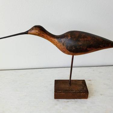 Antique Early American Hand Carved &amp; Painted Long Billed Shorebird Decoy Primitive Folk Art 