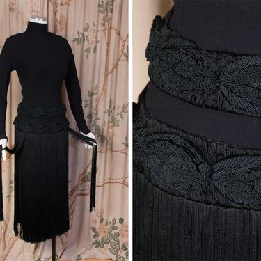1940s Dress - Rare Couture Quality 40s Cocktail Dress in Black Rayon with Cordé Eye Motifs and Decadently Long Fringe 