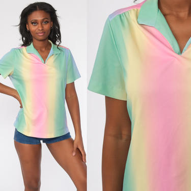 Ombre Shirt 70s Top Striped Gradient Blouse Rainbow Pink Green Boho Disco Hippie Vintage 1970s Short Sleeve Retro Medium Large 
