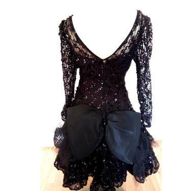 Julie Duroche 1980's PROM DRESS, big bow ruffled puffy 80's prom dress, vintage black sequin lace  party prom dress, size xs s 4 