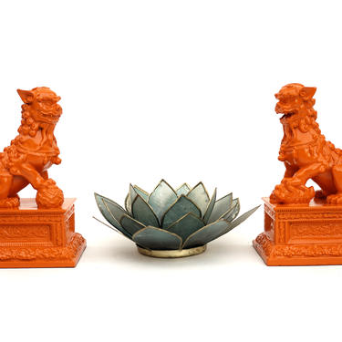 Pair of Hermés Orange Foo Dogs | Shishi Guardian Lion Figurines | Color Pop Protection Statues 