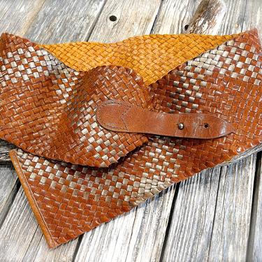 VINTAGE: Extra WIDE Woven Leather Belt - Brown and Gold Belt - Genuine Leather - SKU 3-C6-00008536 