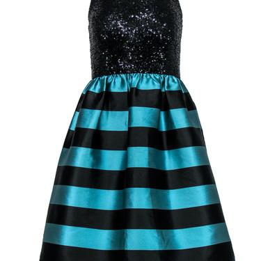 Leifsdottier - Black Sequin &amp; Turquoise Striped Cocktail Dress Sz 0