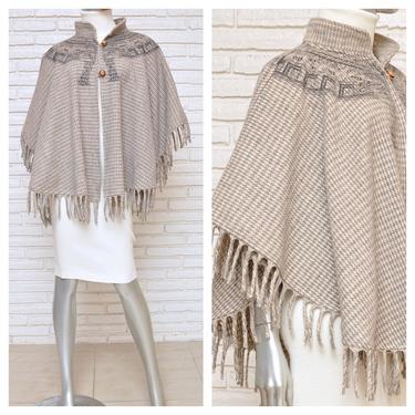 Vintage Beige Vintage Wool Cape Shawl with Fringe Houndstooth Women’s Poncho with Tribal Print OSFA 