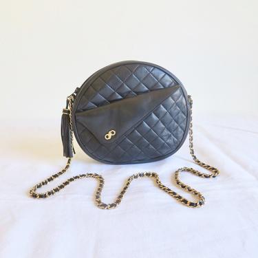 Vintage 1980's Koret Round Black Quilted Leather Purse Gold Chain Shoulder Strap Crossbody Bag 80's 90's Handbag 