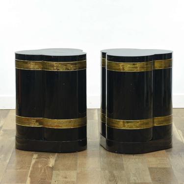 Pair Of Black & Gold Art Deco Trefoil End Tables W Base