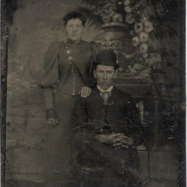 Tintype Photograph of a Young Couple with a Stern Looking Man 