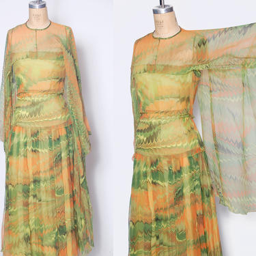 Vintage 70s Anna Beltrao dress / 1970s designer vintage dress / feather print silk gown / maxi dress with attached cape  / silk maxi dress 