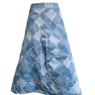70s Faded Denim Patchwork Flare Skirt