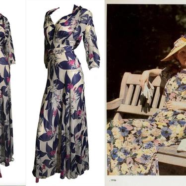 Hyde Park Afternoons - Vintage 1930s Royal Blue & Fuchsia Floral Print Silk Chiffon Dress - XL 