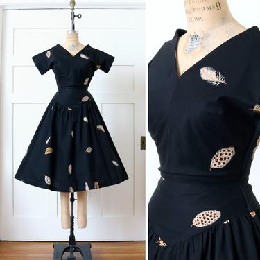 vintage 1950s feather print dress • black cotton fit & flare full skirt novelty print dress 
