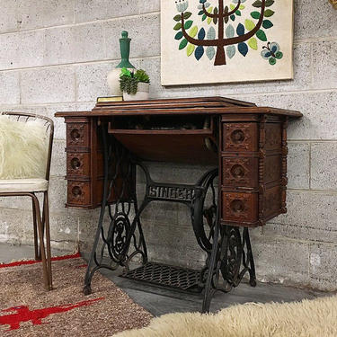 LOCAL PICKUP ONLY Vintage Singer Sewing Machine Table Retro 1900s Brown Wood Entryway + Side Table With Cast Iron Base + Multiple Drawers 