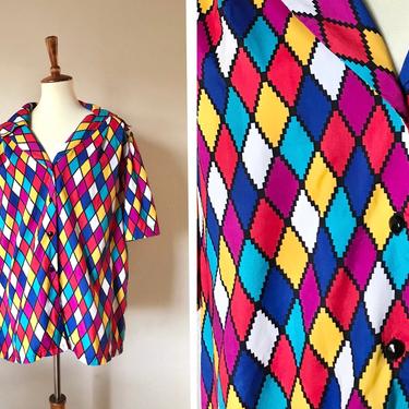 Vintage colorful diamonds patchwork rainbow silky short sleeve unique collared button up women’s all sizes 