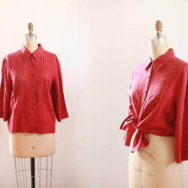 maroon linen cutout blouse - l 