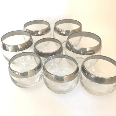 Vintage 8 Pc Piece Dorothy Thorpe style Platinum silver banded roly poly glasses - 2 Sizes 