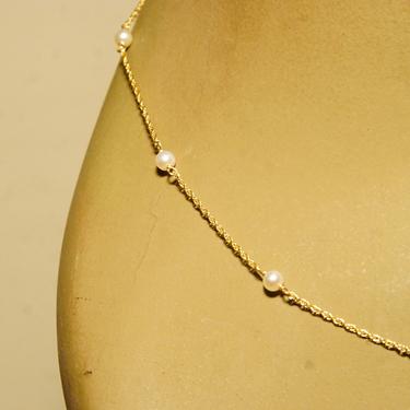 Vintage 14K Gold Pearl Station Choker Necklace, Yellow Gold Loose Rope Chain, 4mm Round Pearls, Elegant Necklace, 585 Jewelry, 18&amp;quot; L 