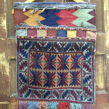 Tribal Tapestry Wall Hanging, Handwoven Kilim Carpet Bag, Storage Pouch Vibrant Colors 