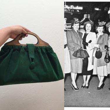 Woman Power - Vintage 1940s Spinach Green Faux Suede Fabric Large Clutch Handbag 