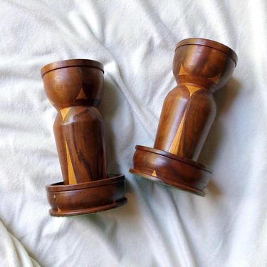 Vintage Large Round Wooden Candlestick Pair | Wood Candleholder Set of 2 | Vintage Hand Carved Wood Candleholder 