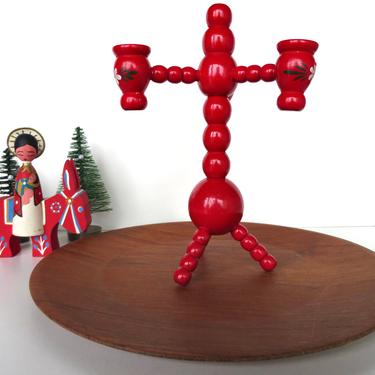 Vintage Red Wooden Candle Holders From Sweden, Red Ball Hand Painted Folk Art Candlestick Candelabra, Scandinavian Home Decor 