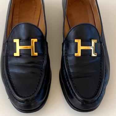 Vintage HERMES H Logo Gold / Navy Leather Loafers Driving Flats Shoes It 39 us 8.5 - 9 