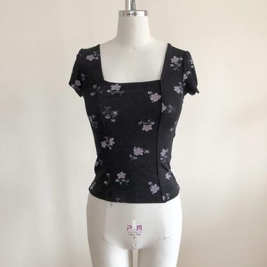 Black and Pink Floral Print Knit Top with Square Neckline - 1990s 