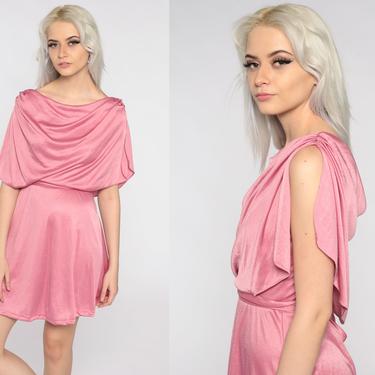 70s Party Dress 1970s Pink Grecian Dress High Waist 70s Boho Mini CAPELET Drape Gown Cape Formal Bohemian Cocktail Small s 
