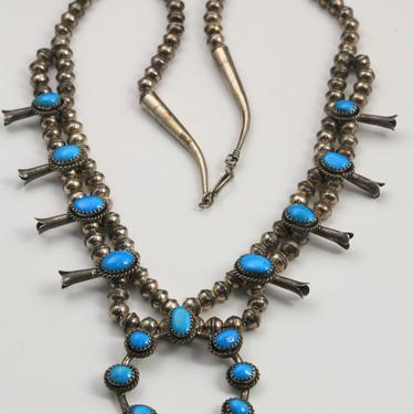 Vintage Navajo Sterling Silver Turquoise Squash Blossom Necklace Dainty Naja 22&amp;quot; Length 